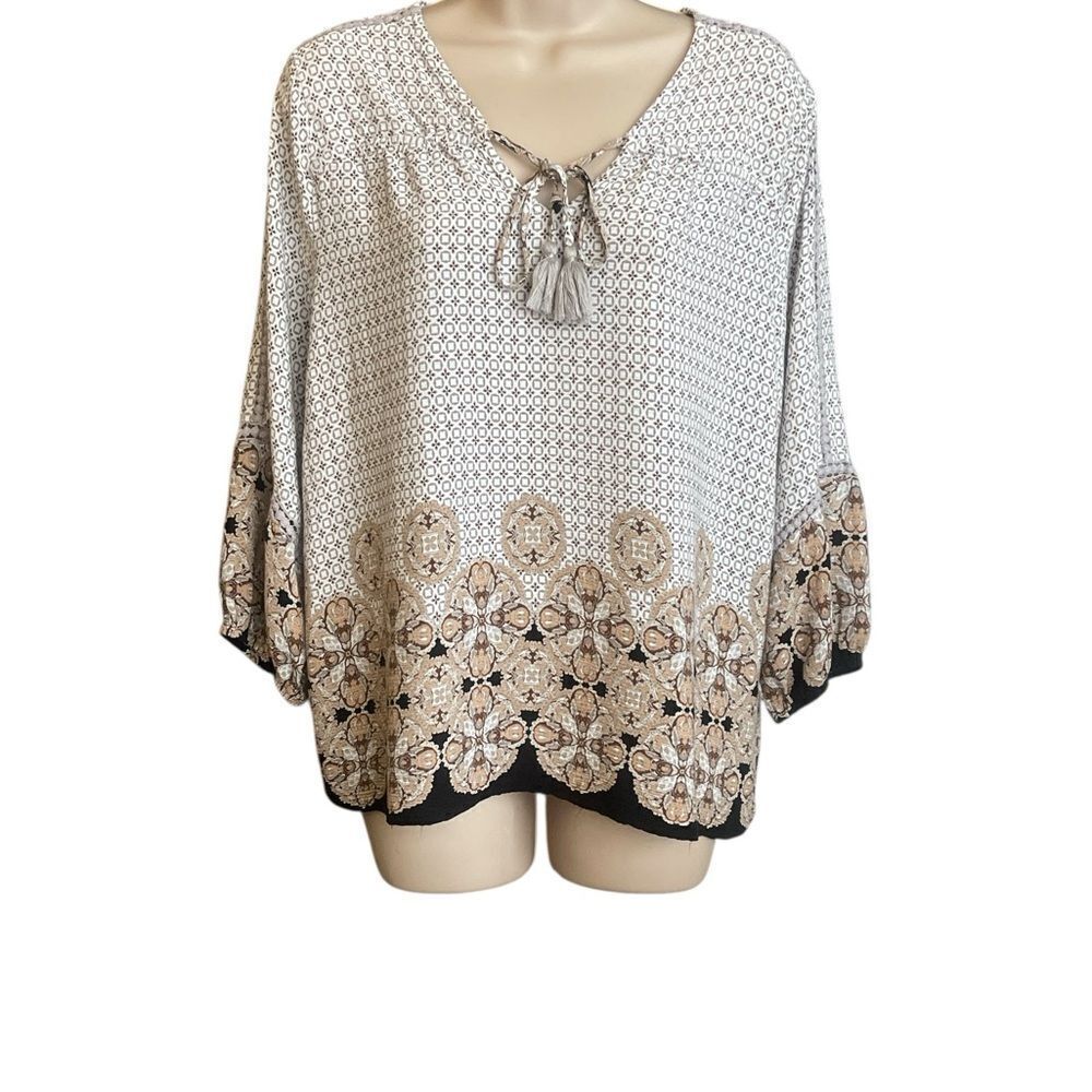 New Directions boho Black Cream Patterned floral Elastic sleeves Blouse small